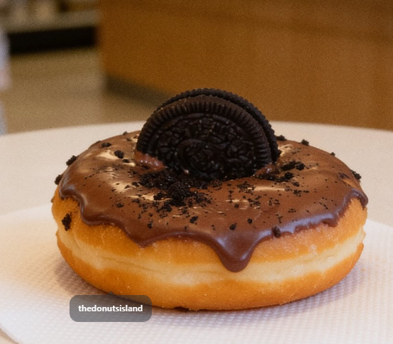 Donut nappé de chocolat au lait, éclats de biscuits cacao et biscuit Oreo entier